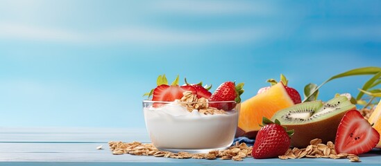 Aufkleber - Front view of a healthy breakfast with vegetarian yogurt granola and fresh fruit on a blue table in a white kitchen Copy space image Place for adding text or design