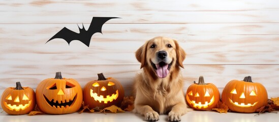 Aufkleber - Golden retriever in pumpkin costume with bats and smile on a white background for Halloween Copy space image Place for adding text or design