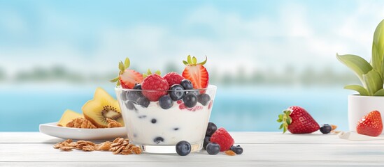 Aufkleber - Front view of a healthy breakfast with vegetarian yogurt granola and fresh fruit on a blue table in a white kitchen Copy space image Place for adding text or design
