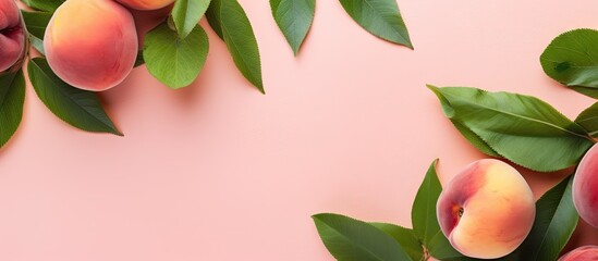 Wall Mural - Flat lay composition of ripe peaches with green leaves on pink background Top view with copy space Fresh organic vegan food Copy space image Place for adding text or design