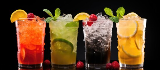 Aufkleber - Closeup of fresh iced fruit drinks on black background Copy space image Place for adding text or design