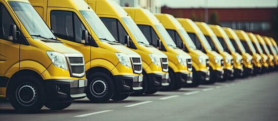Poster - Commercial delivery vans lined up at a transport company Copy space image Place for adding text or design