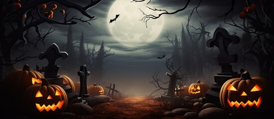 Poster - Halloween themed backdrop with eerie graveyard bare trees graves bats and space for text Copy space image Place for adding text or design