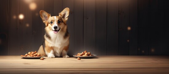 Wall Mural - Corgi consumes animal food Copy space image Place for adding text or design