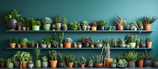 Poster - Contemporary home gardens feature diverse plant life in attractive pots with stylish interior design and green wall panels Copy space image Place for adding text or design