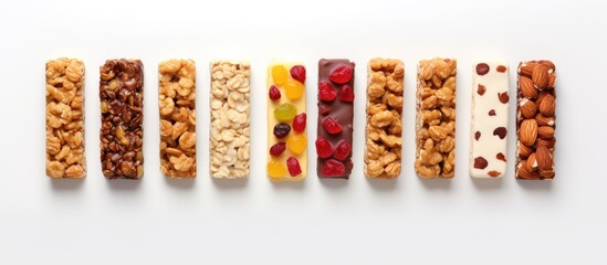 Poster - Granola bar used creatively in a flat lay on a white background conveying a food concept Copy space image Place for adding text or design