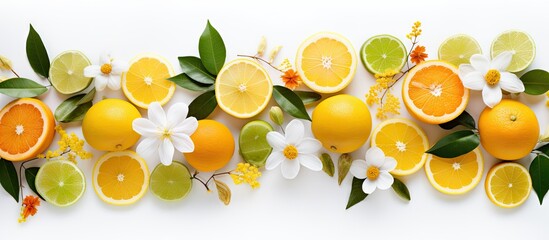 Fototapete - High quality photo of citrus fruits leaves and flowers arranged as a flat lay on a white background Copy space image Place for adding text or design