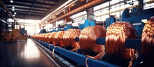 Manufacturing Coiled Copper Wire Cables At A Steel Factory Copy Space Image Place For Adding Text Or Design