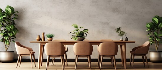 Poster - Modern home decor featuring a stylish botany theme in the dining room with a crafted wooden table chairs plants window map poster and elegant accessories Copy space image Place for adding text