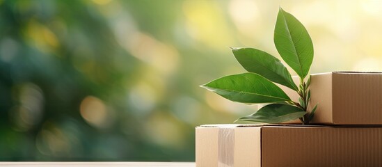 Ecological concept leaf on cardboard boxes representing shipments and carbon footprint Copy space image Place for adding text or design