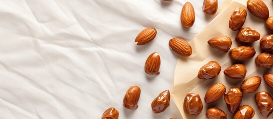 Fototapete - Handmade toffee caramel nut candy on crumpled paper Homemade food gifts for holidays Flat lay Copy space image Place for adding text or design