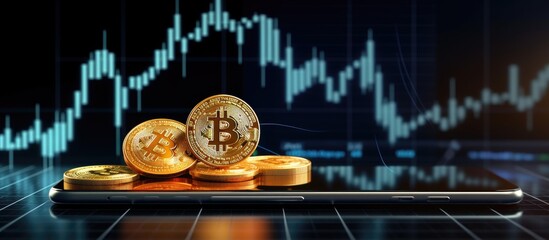 Poster - Bitcoin cryptocurrency on mobile with a growing graph on an international stock exchange enjoying an uptrend Copy space image Place for adding text or design