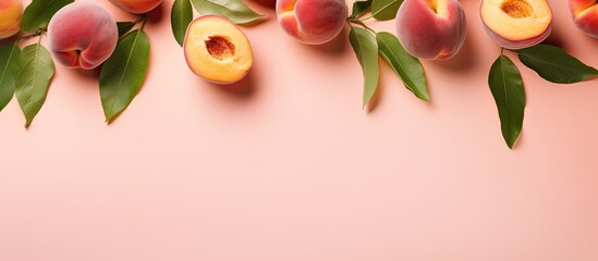 Aufkleber - Flat lay composition of ripe peaches with green leaves on pink background Top view with copy space Fresh organic vegan food Copy space image Place for adding text or design