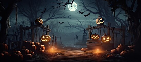 Poster - Halloween scene with graveyard pumpkins and skeletons Copy space image Place for adding text or design
