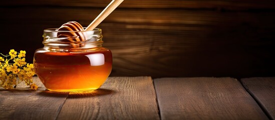 Aufkleber - Honey dipper on old wooden background with jar Copy space image Place for adding text or design