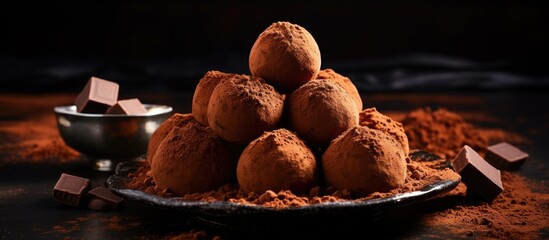 Poster - Homemade dark chocolate truffles with cocoa powder a gourmet and delicious dessert Copy space image Place for adding text or design