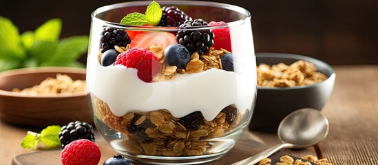 Poster - Healthy breakfast with yogurt granola and fruit berry salad Copy space image Place for adding text or design