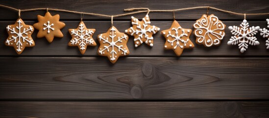 Aufkleber - Gingerbread cookies suspended on a wooden backdrop Copy space image Place for adding text or design