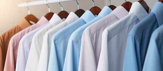Poster - Close up of laundry rack with clean shirts Copy space image Place for adding text or design