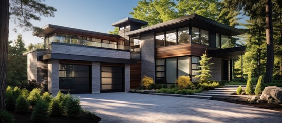 Poster - Luxurious contemporary home with stone accents three car garage and natural surroundings Copy space image Place for adding text or design