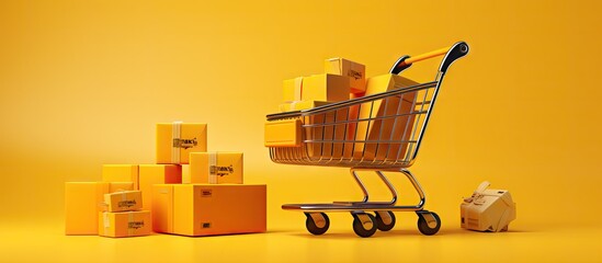 Wall Mural - Online shopping and payment with credit cards Delivery box with cart and smartphone on yellow backdrop Copy space image Place for adding text or design