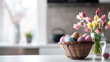 basket with multi-colored Easter eggs on the table in a stylish kitchen, minimalism, Scandinavian interior, postcard, spring, design, religious holiday, traditional dish, treat, decor, flowers