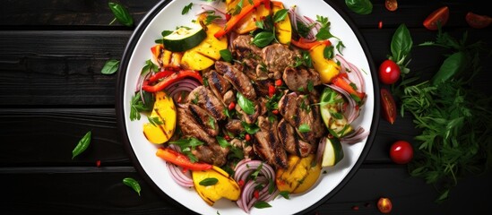 Poster - Grilled meat and vegetable salad with zucchini peaches green onions and peppers Overhead view on tiled background Copy space image Place for adding text or design