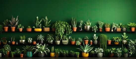Poster - Contemporary home gardens feature diverse plant life in attractive pots with stylish interior design and green wall panels Copy space image Place for adding text or design