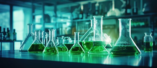 Leinwandbilder - Green toned laboratory equipment for chemical or medical purposes Copy space image Place for adding text or design