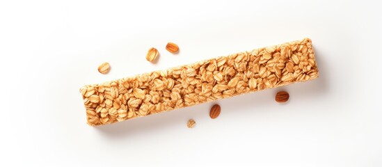 Poster - Granola bar used creatively in a flat lay on a white background conveying a food concept Copy space image Place for adding text or design