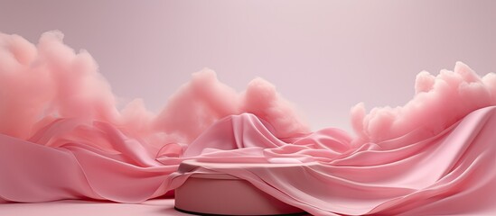 Poster - Feminine 3D stand with pink background silk curtain and wind Cosmetic product presentation banner Copy space image Place for adding text or design