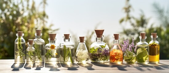 Aufkleber - Herbal and floral elements for wellness natural oils alternative medicine aromatherapy homemade plant cosmetics Copy space image Place for adding text or design