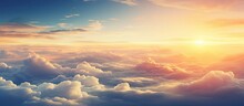 Aircraft Viewpoint Above Clouds Displaying Breathtaking Sunset Copy Space Image Place For Adding Text Or Design