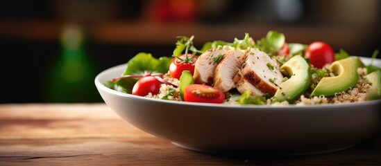 Poster - Nutrient rich salad featuring quinoa tomatoes chicken avocado lime greens and parsley on wooden background Nutritious superfood dish Copy space image Place for adding text or design