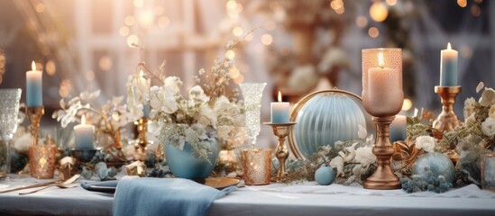 Aufkleber - Boho wedding decor in vibrant blue and gold Festive table setting Copy space image Place for adding text or design
