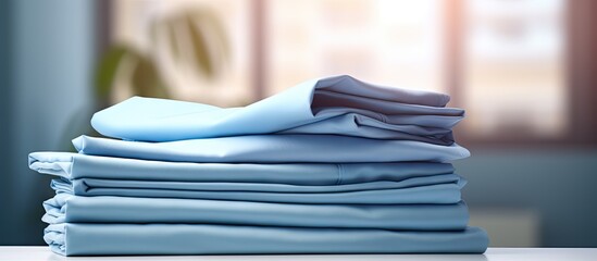 Poster - Industrial laundry providing a cleaning and ironing service for hotels clinics and companies with stacks of clean folded sheets and fabrics and an industrial iron Copy space image Place for add