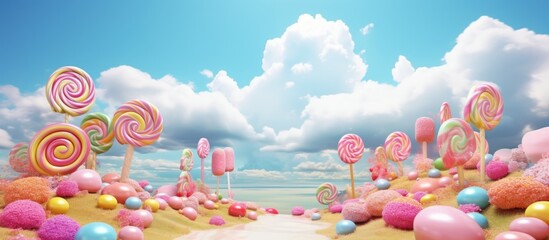 Poster - Pastel candy fantasy landscape illustration Copy space image Place for adding text or design