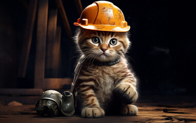 Sticker - gato  de trabalho com capacete de construção