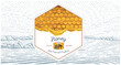 Combined illustration, which includes of a honeycomb filled with honey, with a bee and a rural landscape in the background. Form of a set as a label layout,  Vector illustration.