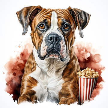 watercolor Popcorn Day Bulldog clipart, Generative Ai