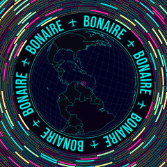 Poster - BES islands on globe. Satellite view of the world centered on BES islands. Bright neon style. Futuristic radial bricks background. Beautiful vector illustration.