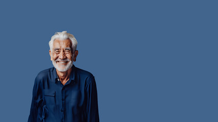 Wall Mural - Old man smiling isolated on studio background. Copyspace area