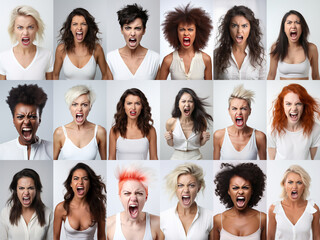  Set of angry women of various ethnicities. White color palette
