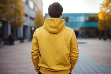 Wall Mural - Man In Yellow Hoodie On The Street, Back View, Mockup
