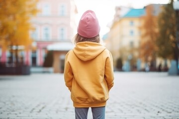 Wall Mural - The Little Girl In Colorful Hoodie On The Street, Back View, Mockup