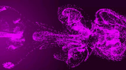 Poster - Purple fluid particle dots are flowing in the animated video. Animation of glowing fluid particles flowing with a dark background; abstract background with animation of flying liquid particles
