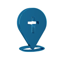 Poster - Blue Map pin church building icon isolated on transparent background. Christian Church. Religion of church.