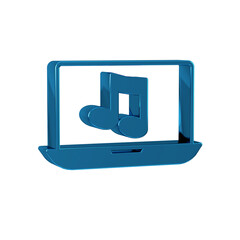 Poster - Blue Laptop with music note symbol on screen icon isolated on transparent background.