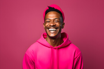 Wall Mural - Colorful studio portrait of an ethnic man smiling happily. Pink or magenta dominant color. Generative AI