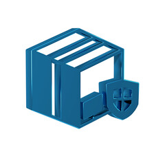 Poster - Blue Delivery security with shield icon isolated on transparent background. Delivery insurance. Insured cardboard boxes beyond the shield.